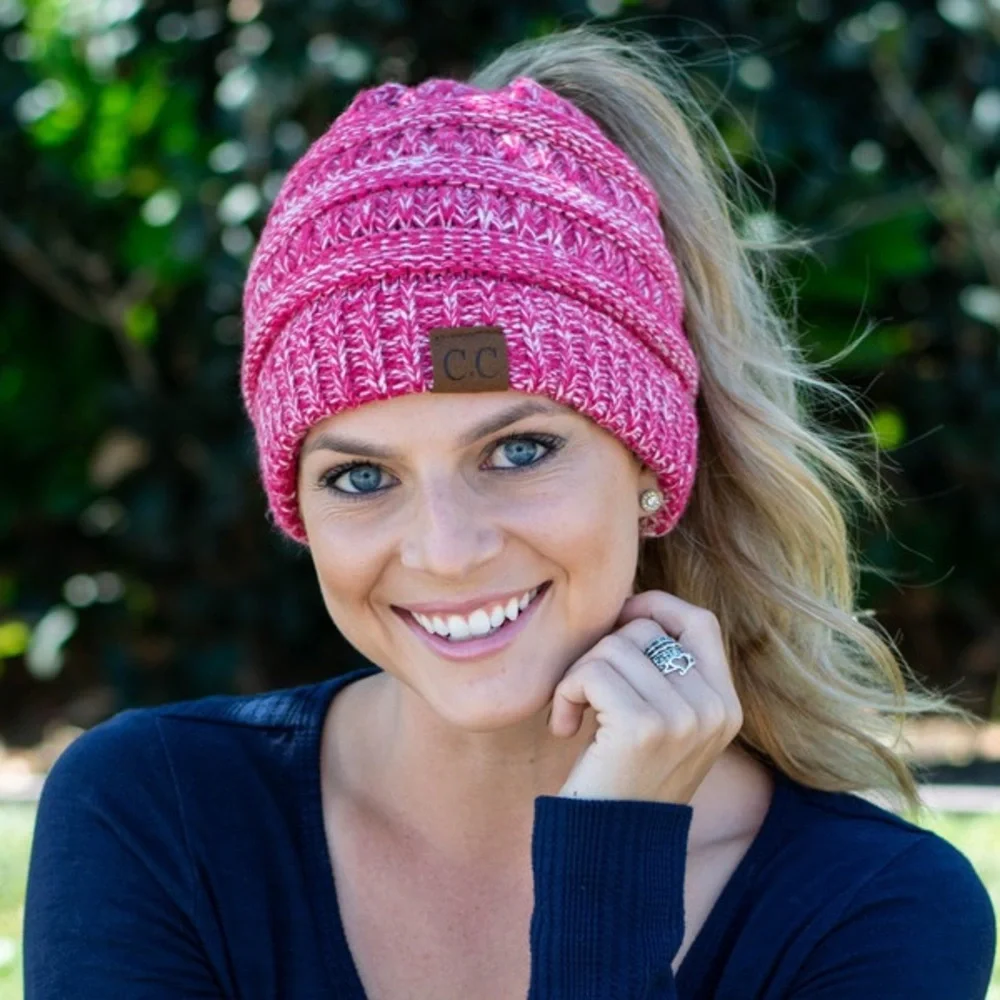 C.C Vibrant Pink Knit Beanie Ponytail Style New in Package